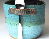 Ceramic Sugar Bowl - Salt Cup - Turquoise Matt with Spoon rest in Turquoise -SHIPS NOW