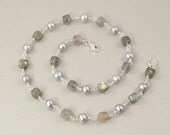 Labradorite necklace with grey pearls in sterling silver,  wire wrapped gemstone necklace, hand made jewelry