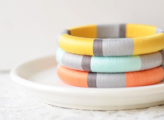 Soft. Pastel. Colorblock. Set of 3 Bangle Bracelets in Mint, Peach, Yellow - no. 500G