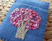 Blue Felt Card Case Hand Embroidered with Pink Sequin Tree