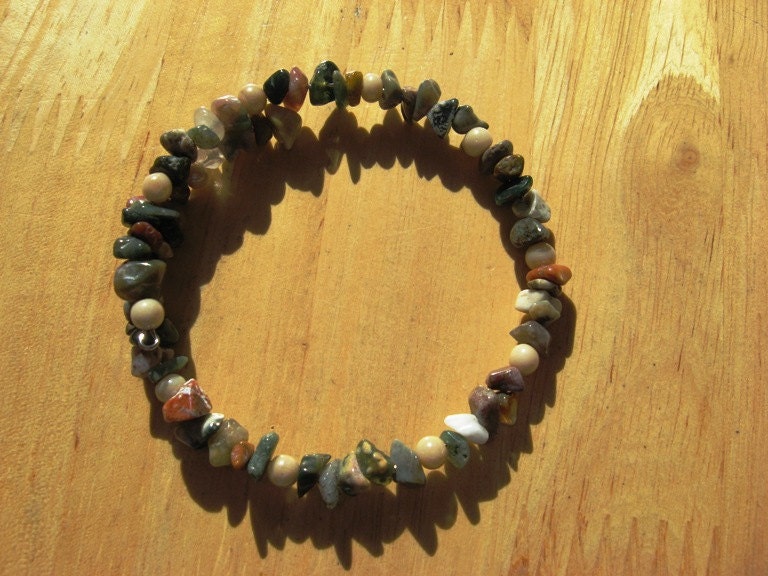 Fancy Jasper Bracelet Gemstone Chips and Glass Beads on Wire