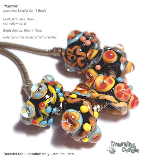 MILAGROS Handmade Lampwork Beads Black Red Turquoise Melon Coral  Cool Colors  Will Fit  Euro Style Pandora Troll  Set of 5