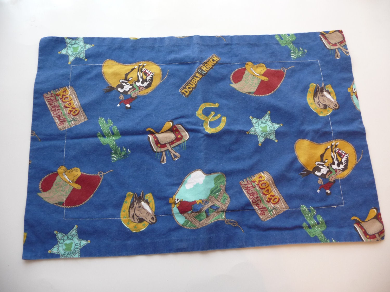 Vintage Western Pillowcase - Boys Handmade Blue Small Case Cowboys Rodeo Cactus Saddle Horse Childrens Bedding Home Decor Unique Linens