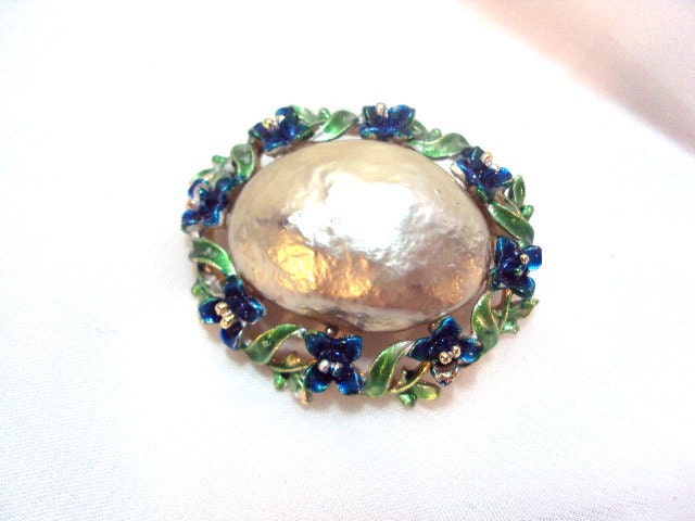 Faux Pearl Enamel FLORAL Pin Brooch Signed Art