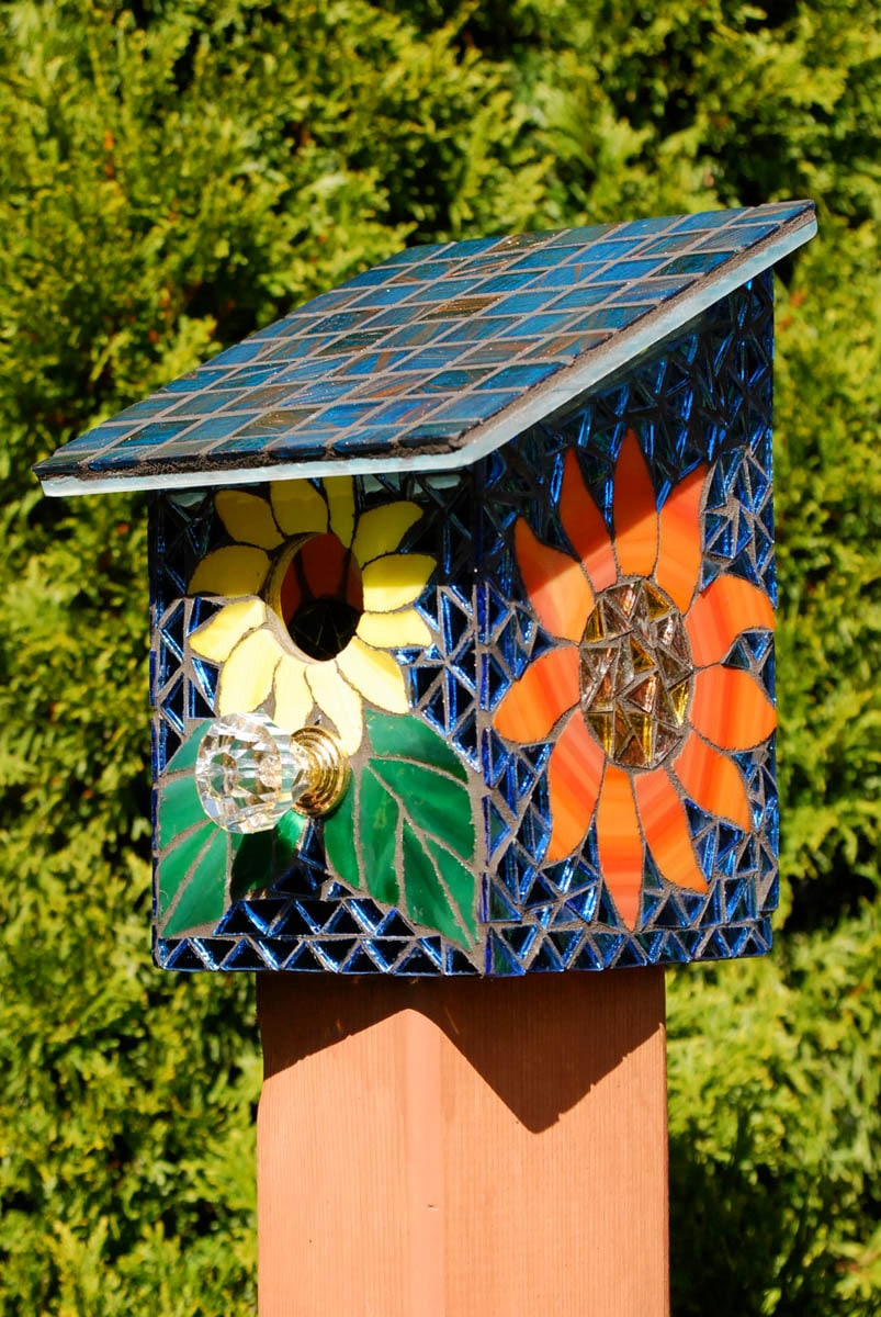 Bird House Stained Glass Mosaic Daisy Flower by