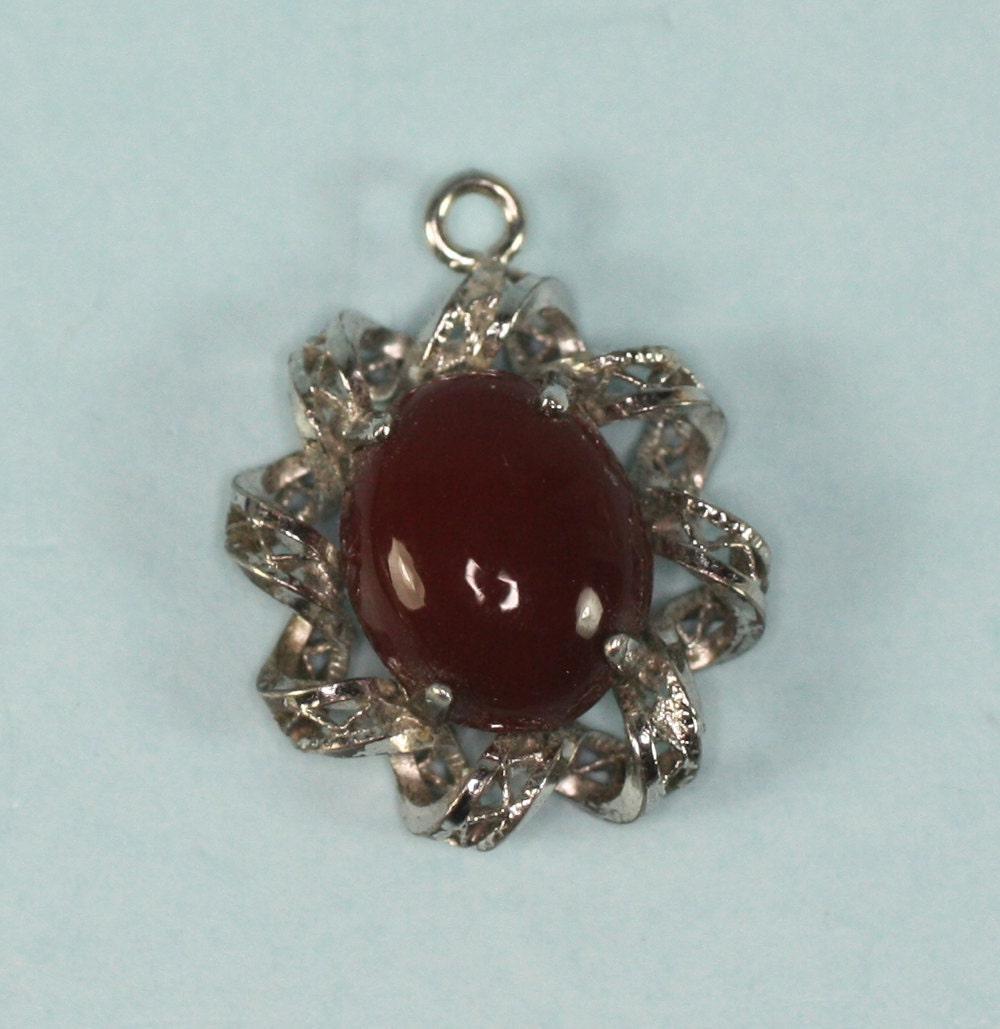Sterling Red Glass Carnelian Pendant Vintage
