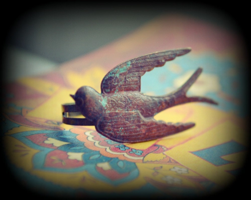 Aged Brass Swallow Ring Patina Bird Oxidized Flying Animal Creature Verdigris Adjustable Band