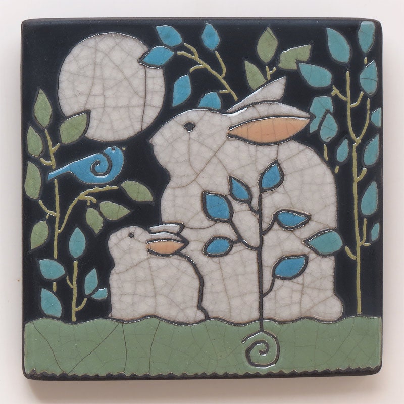 Rabbits,raku fired ceramic art tile,handmade, home decor, mama and baby, wall art
