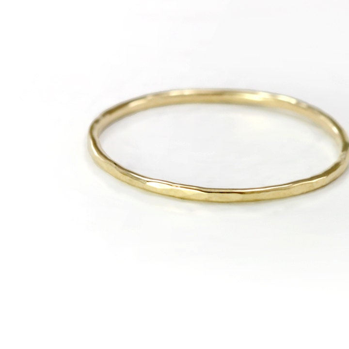 14k Yellow Gold Stacking Ring, Gold Stackable Ring, Solid 14k Gold Thin Hammered Band
