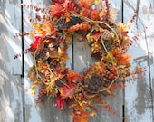 Fall Wreath, Eucalyptus, Lotus Pods, Fall Leaves, Berries, Plaid Ribbon