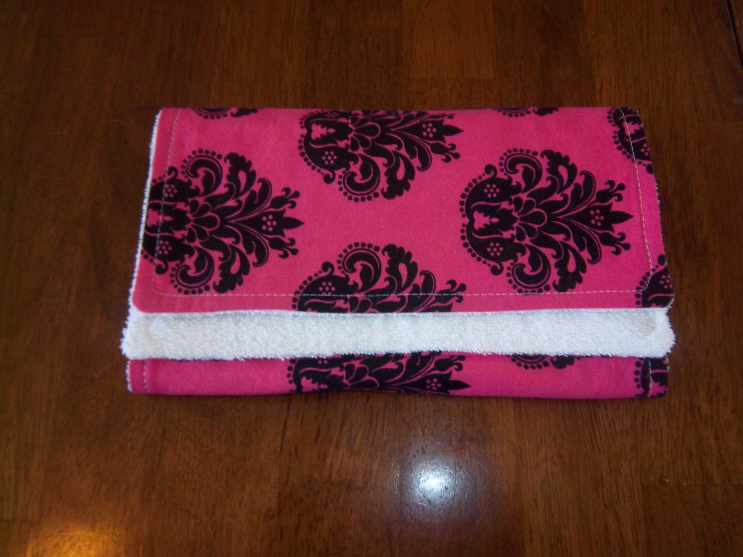 Hot Pink with Black Damask Burp Cloth
