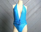 1980s STRIPED SWIMSUIT / Plunging V-Neck Halter with Peplum, xs-s