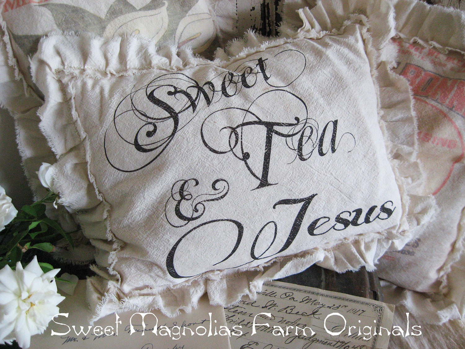 Farmhouse Sawdust Pillow " Sweet Tea and Jesus " Southern Saying Country Cottage Shabby Chic Style Decor Ruffled