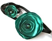 Green flower headband set for baby and big sister, matching photo prop green satin fabric flower hair accessory