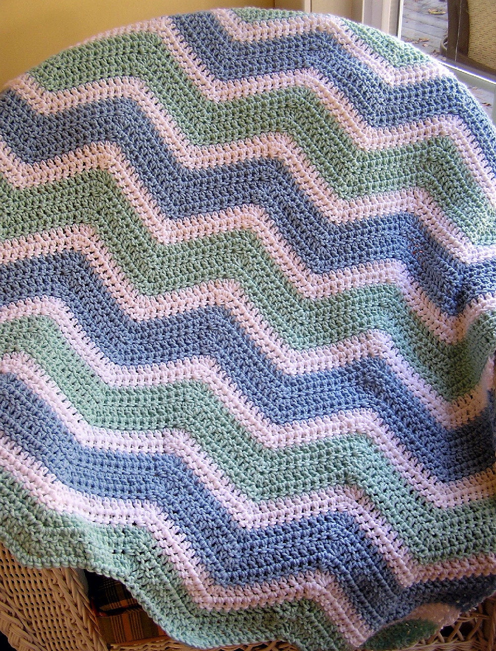 chevron ripple baby blanket afghan wrap crochet knit lap robe wheelchair stripes CARON yarn blue mint green white made in the USA