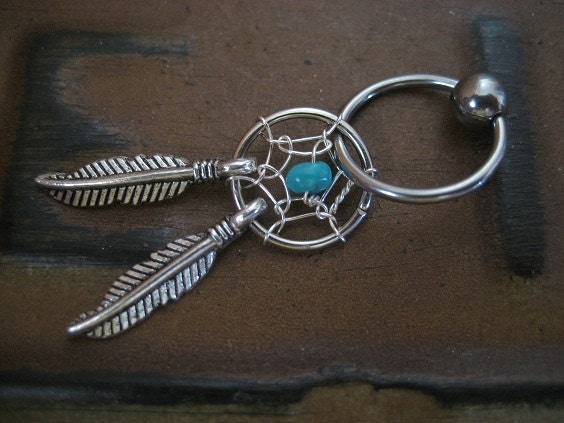 Dream Catcher Captive Hoop Turquoise Stone 14 16 G 14g 16g Gauge Earring Belly Button Tribal Cartilage Ring Helix Ear Piercing Jewelry