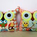 TWO little owl pillows/ kids /owl print/orange/Aqua/Polyfil Stuffed little owl pillows decoration/collection - Ready to ship