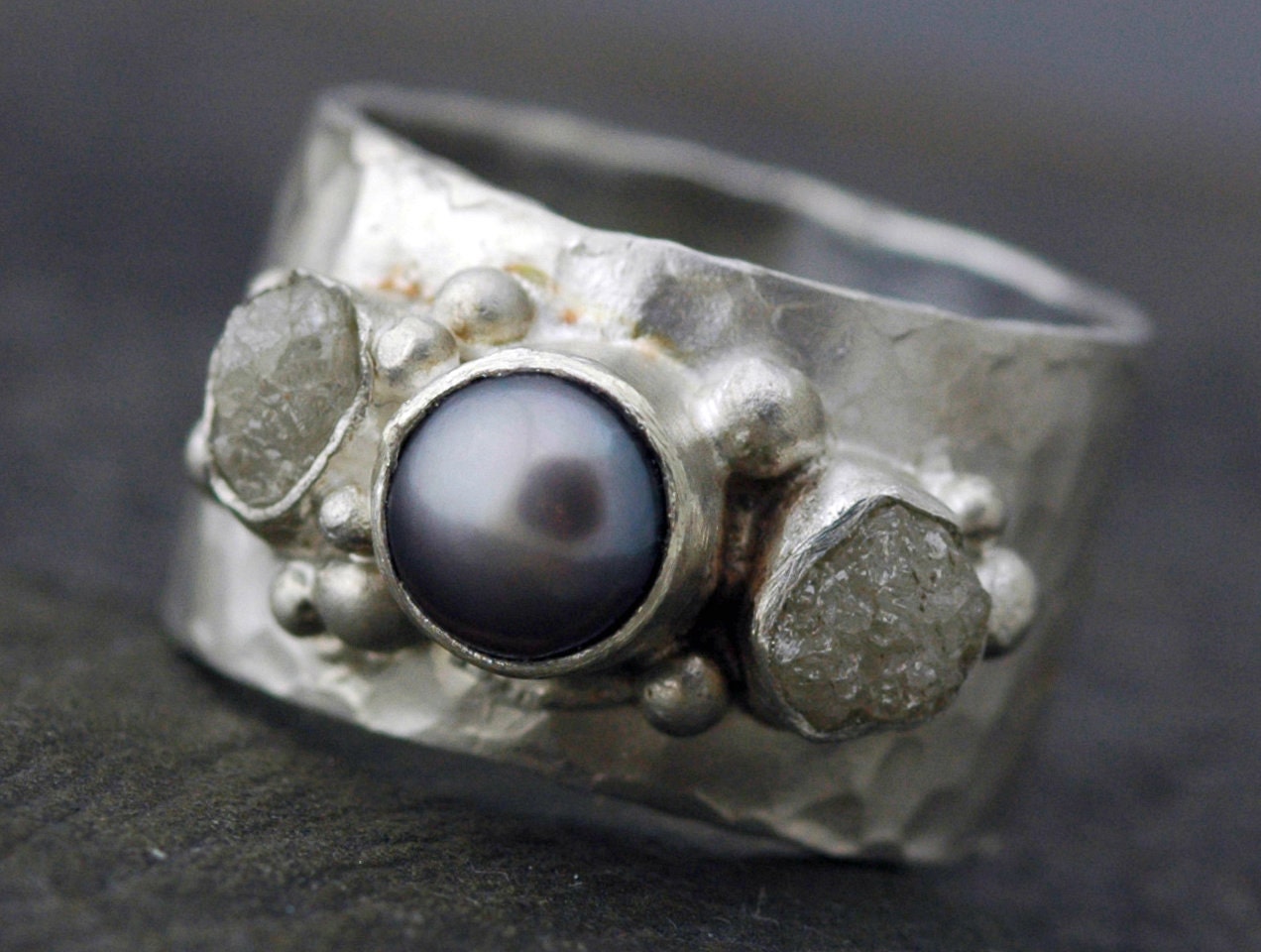 Raw Diamonds and Grey Pearl in Hammered Sterling Silver Ring- Custom Made