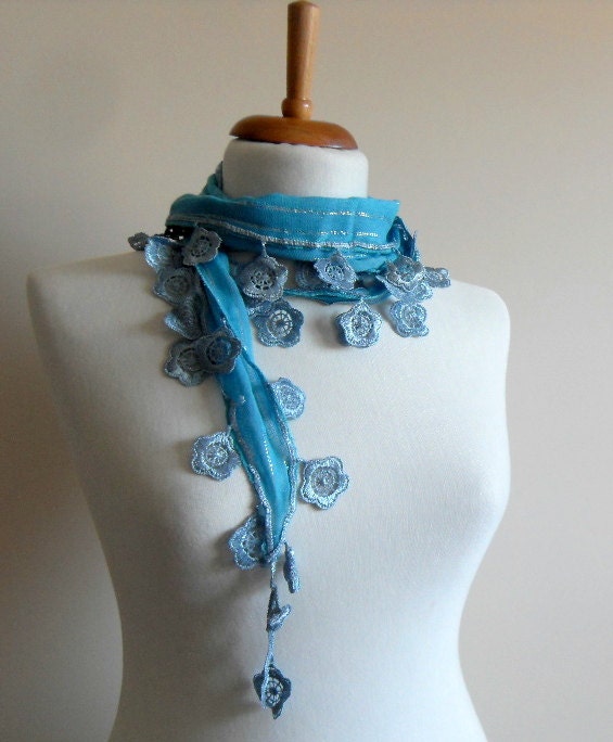 Turquoise Blue Scarf - Cotton Scarf - Cowl with Lace Edge - Flower Scarf - Bridesmaid Gift