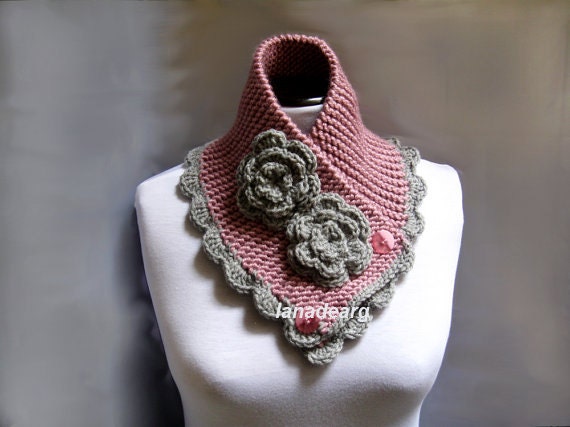 Knitted Scarf Neckwarmer Chunky Cowl  Victorian  pink gray with flowers