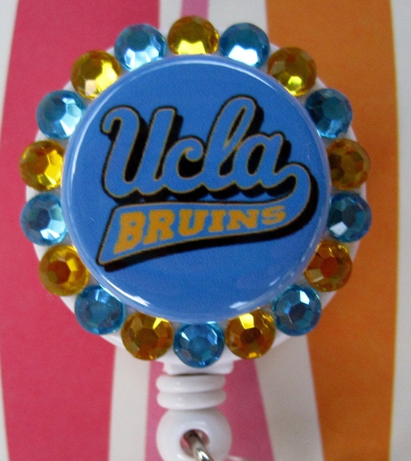 UCLA Bruins Badge Holder ID retractable reel with Acrylic Rhinestones Great for Students Nurses Teachers Coaches