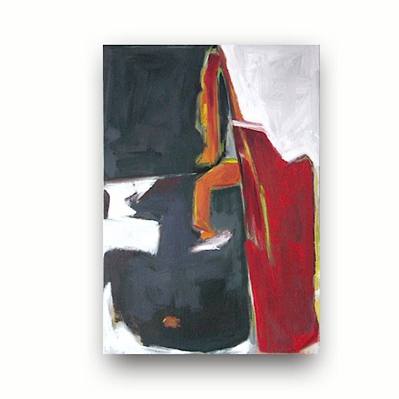 Mid Century Modern Art, Abstract Painting, Primitive Art,  18 x 24, Landscape Painting, Black, White & Red Painting, Modern Wall Art