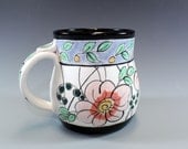 Blue and Black Banded mug with Flowers and Leaves