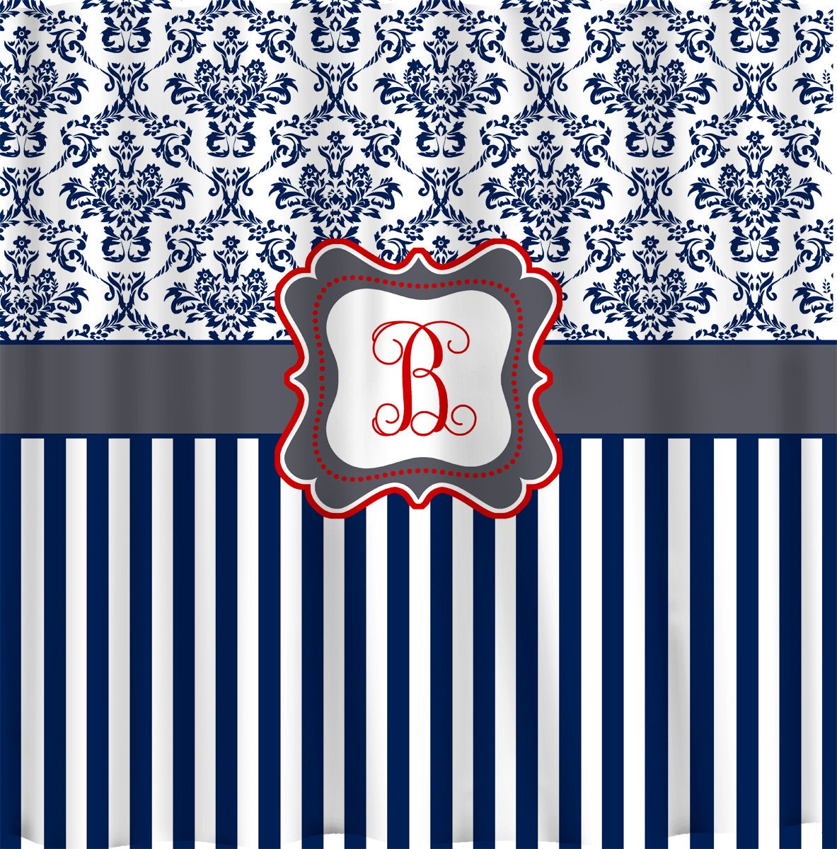 Personalized Shower Curtain - Custom with your Name or Initials - Damask & Stripe - Your Colors