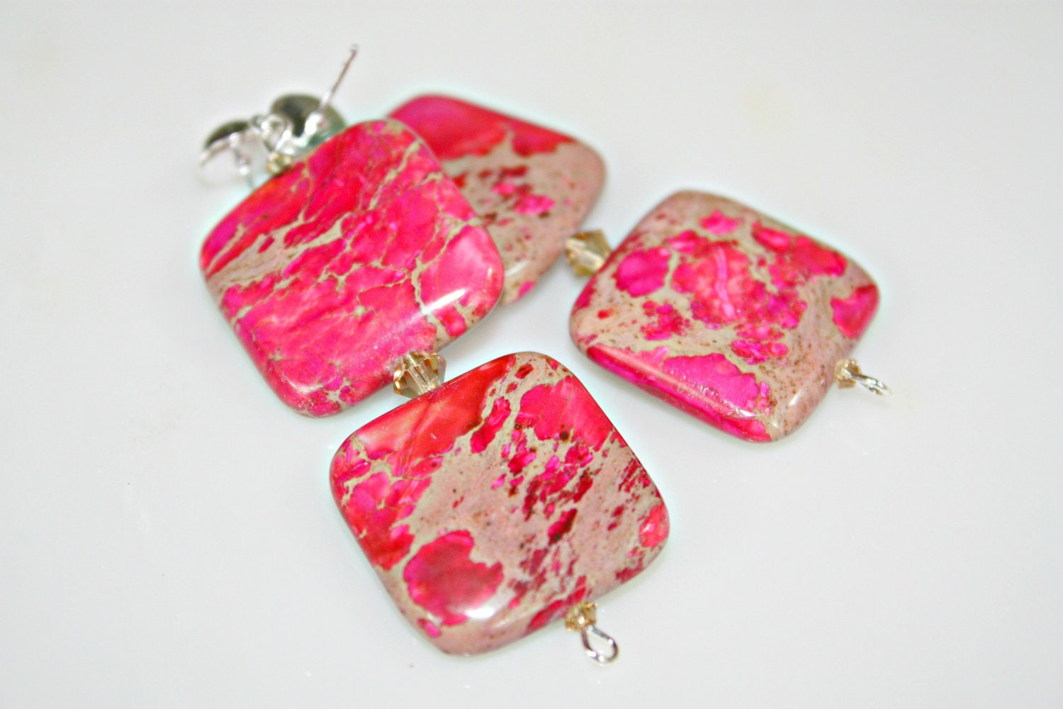 HOT Pink Square Earrings - Raspberry Chunky Jasper Gemstone Sterling Silver SUMMER Dangles by Mei Faith