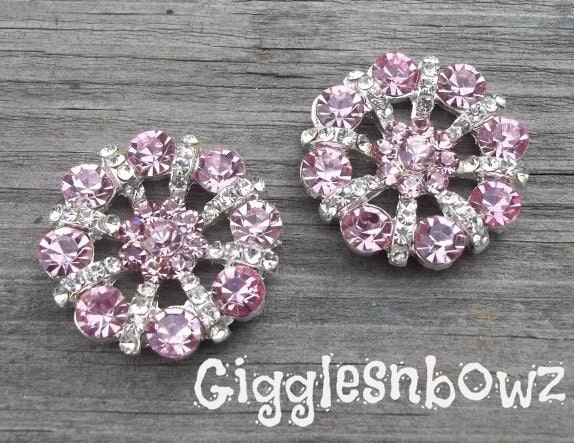 NEW Set of TWO Pink and Clear Rhinestone Buttons 27mm- Silver Metal Base