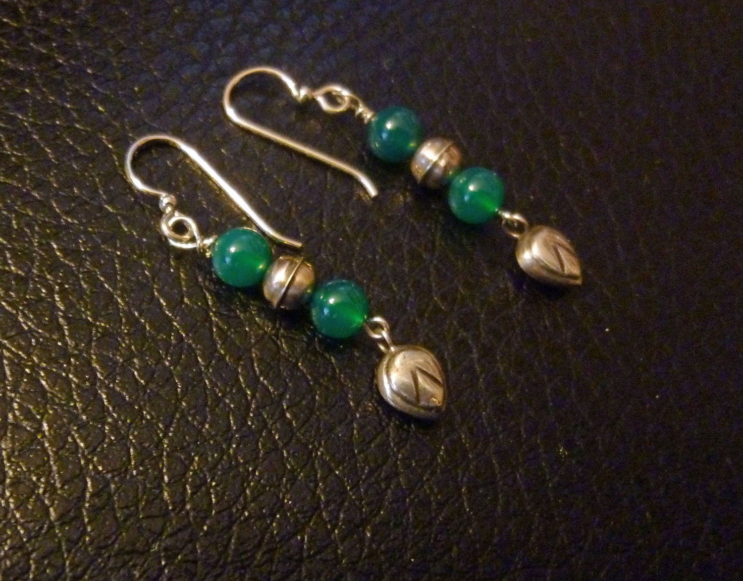 Green onyx and sterling pantone emerald dangle earrings