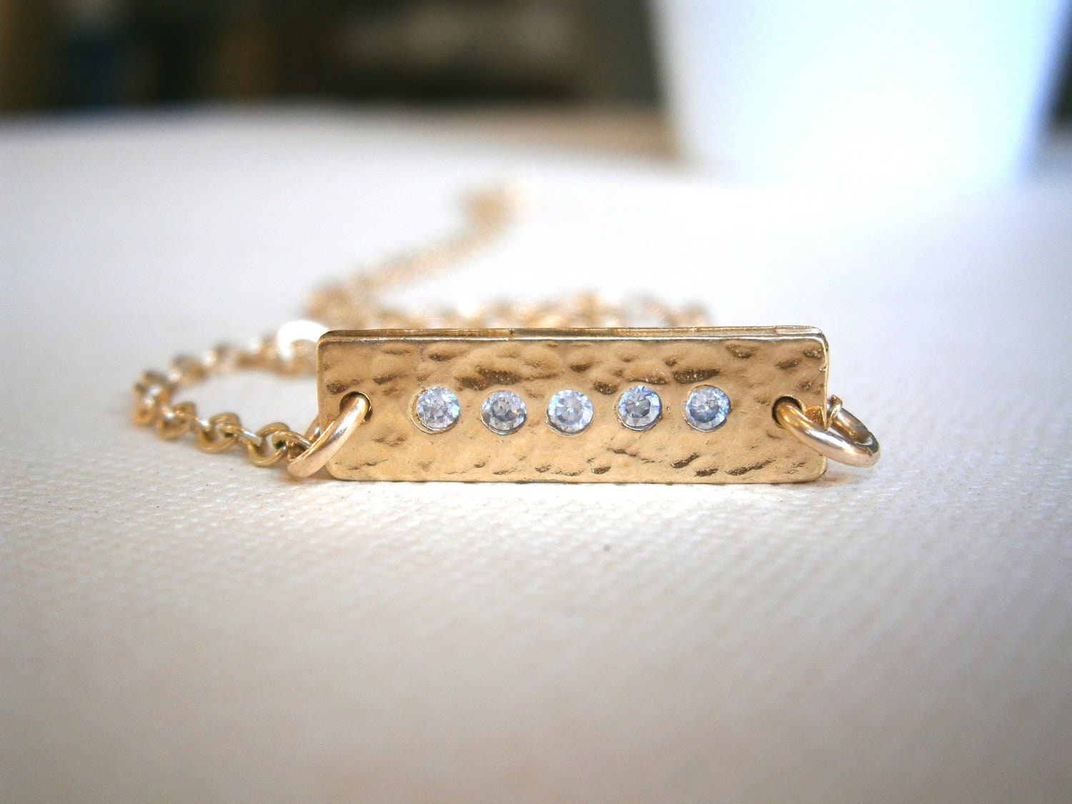 Hammered Bar Necklace, Gold Bar with Crystals, Minimalist Jewelry, Modern Jewelry, Simple, Everyday
