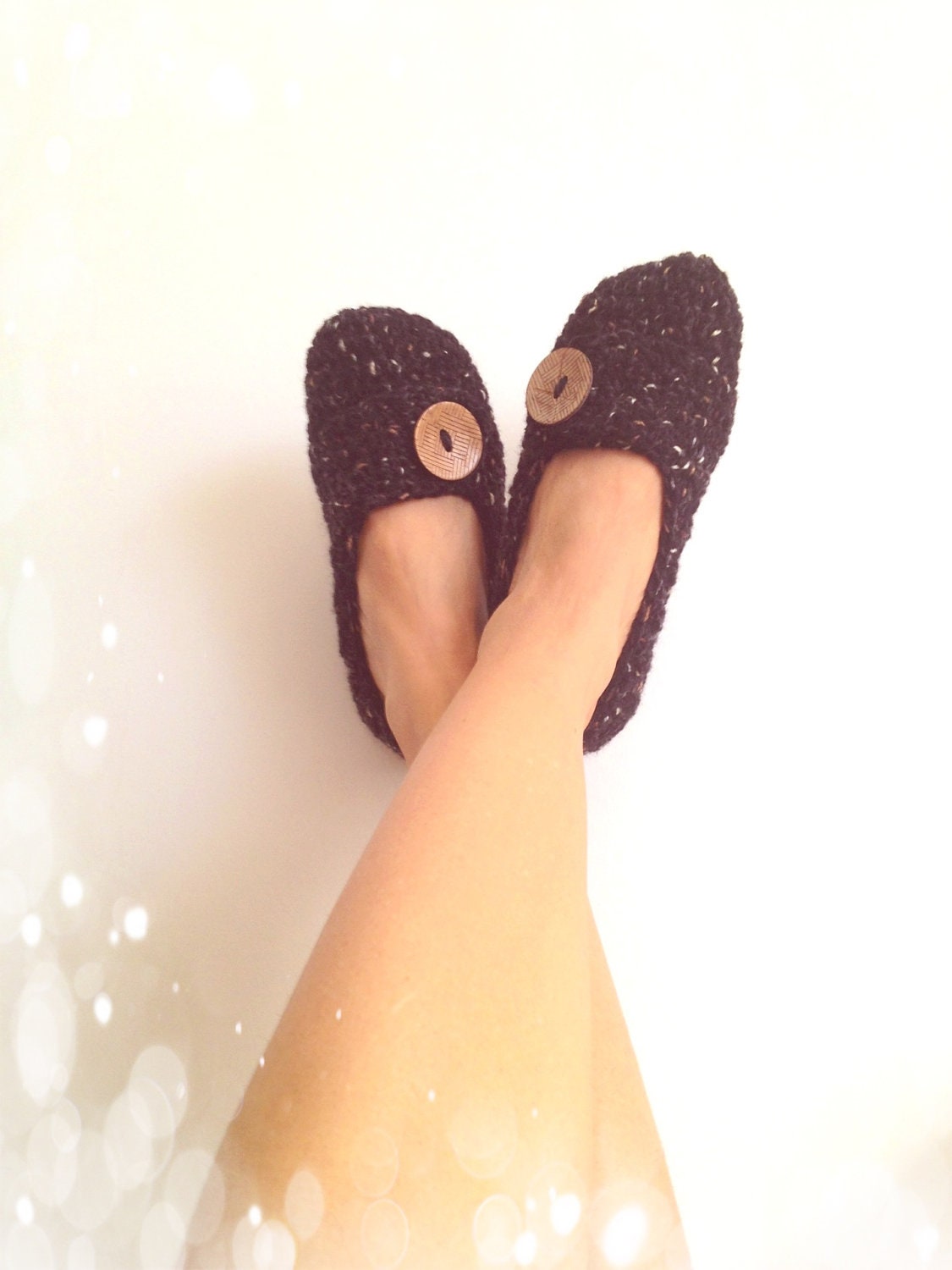 Black  brown Tweed with Natural Button Crochet Womens Slippers, Ballet Flats, House Shoes
