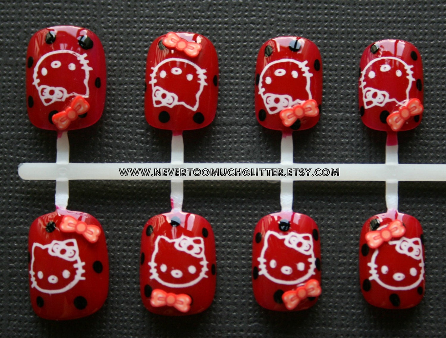Cute False Nails- Kawaii Hello Kitty- Choose Red or Fushia Pink Press On Nails