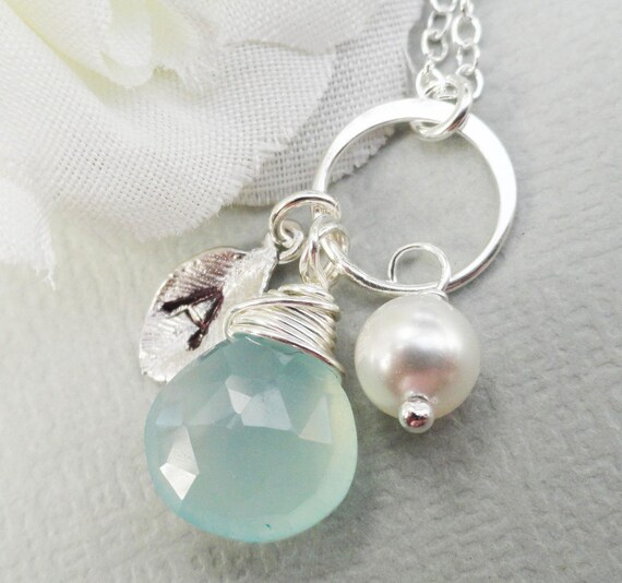 Personalized Necklace With Aqua Blue Chalcedony Sterling Silver Bridal Party, Wedding, Monogram Necklace