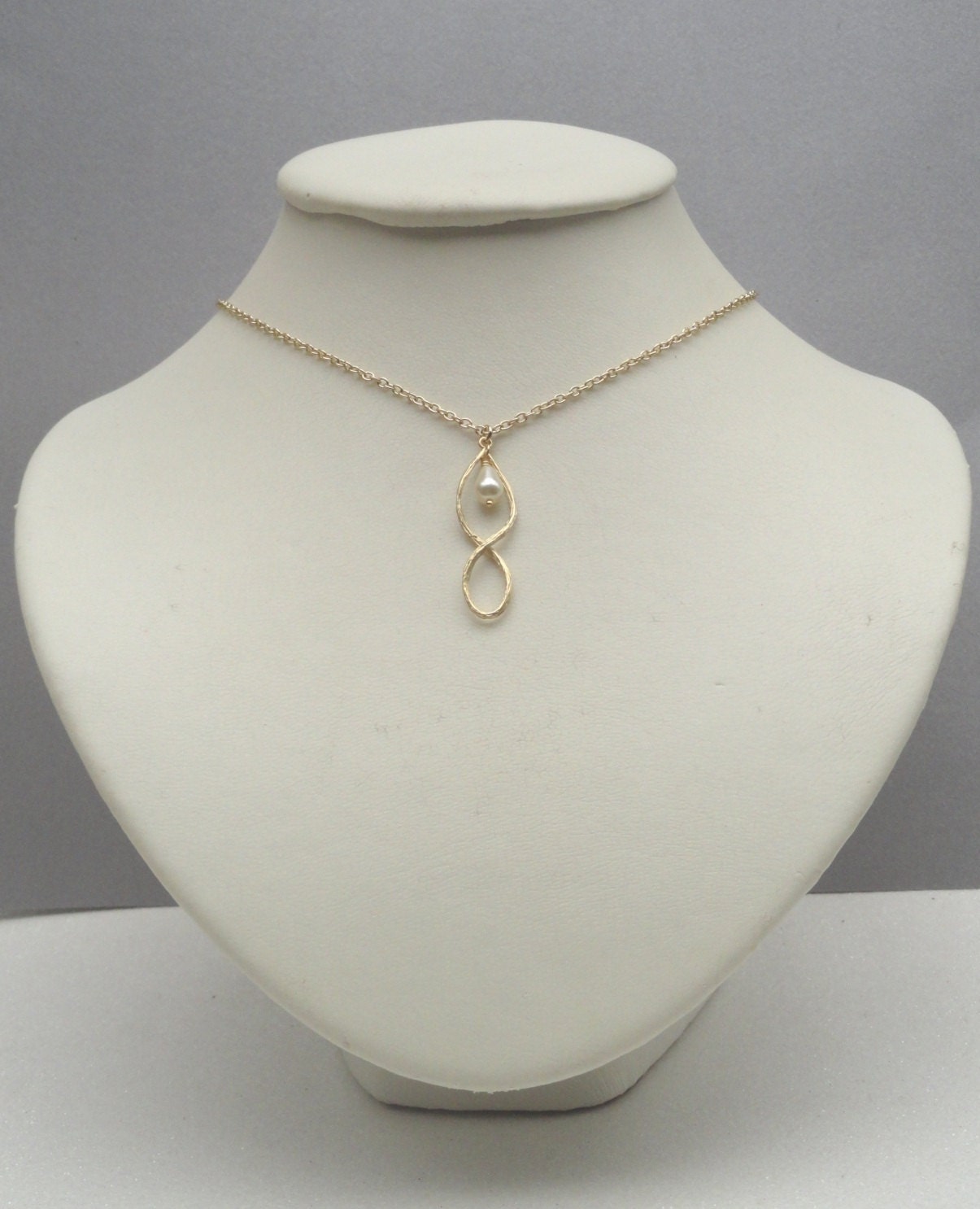 Gold Infinity Pendant Necklace Wire Wrapped White Teardrop Pearl. Ideal Gift Best Friend Necklace