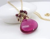 Dark pink cluster necklace - Hot pink necklace, Gold Pink quartz necklace, Gold rubelite jewelry