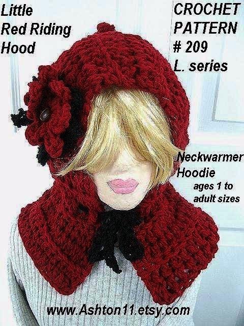 INSTANT DOWNLOAD Crochet Pattern PDF 209. Little Red Riding Hood, Neckwarmer Hoodie. age 1 to Adult.