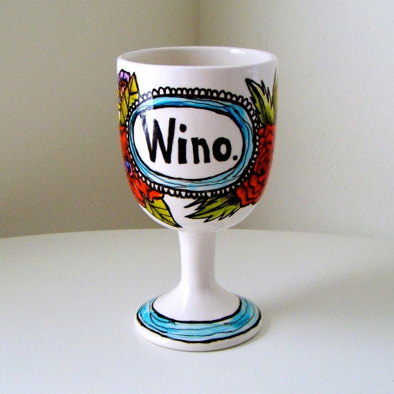 Wine Glass Painted Ceramic Goblet Wino Flowers Red Orange green Black Ivory Illustration Botanicals Cup - READY TO SHIP