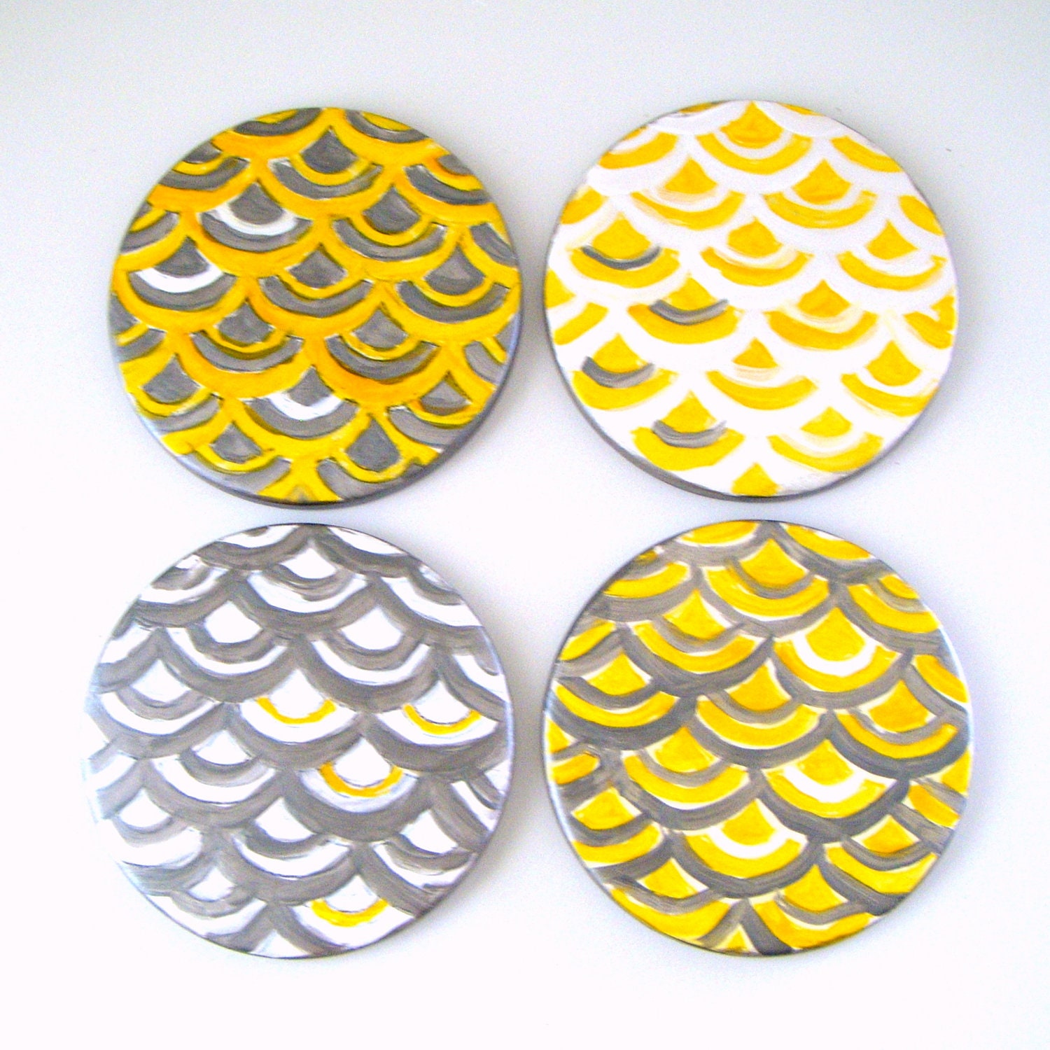 Ceramic Coasters Scallops Yellow Gray White Hand Painted Modern Home Decor Art Deco Metallic Pewter Round Tiles - READY TO SHIP
