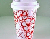 Ceramic Travel Mug Red Flowers Graffiti Hand Painted Eco Friendly Modern Hand Painted Porcelain Tumbler