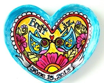 Ceramic Heart Dish Love Birds Tray Folk Art Hand Painted Wedding Gift Anniversary Custom Names Dates Turquoise Blue Pink Yellow