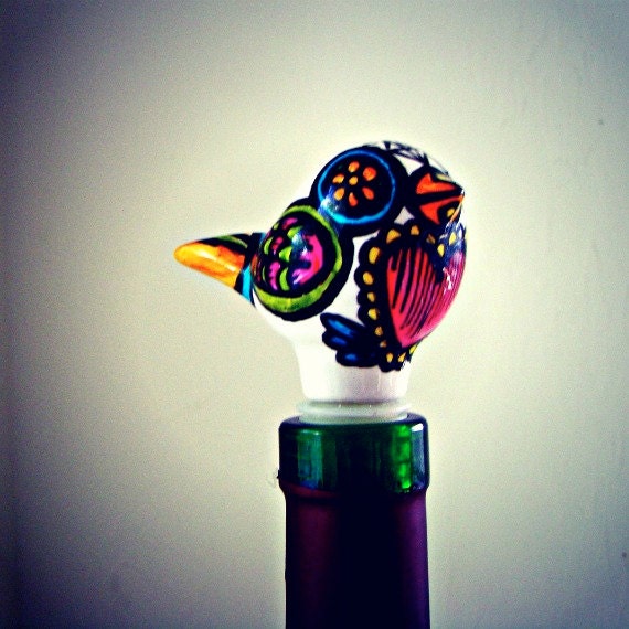 Ceramic Wine Stopper Love Bird Bottle Stopper Pink Heart Folk Art Day of the Dead Painted Turquoise - READY TO SHIP