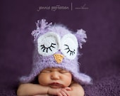 12-24 month size purple fuzzy sleeping owl hat with earflaps