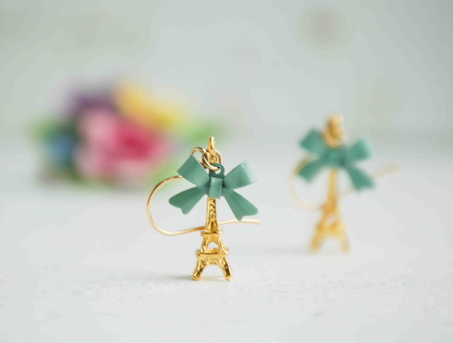Eiffel Tower Earrings Paris Love Mint Green Bows