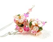 Pink Peach Flower Earrings, Peach Beadwork Earrings, Floral Lampwork Earrings, Peach Pink Glass Bead Earrings, Dangle Earrings - Peaches