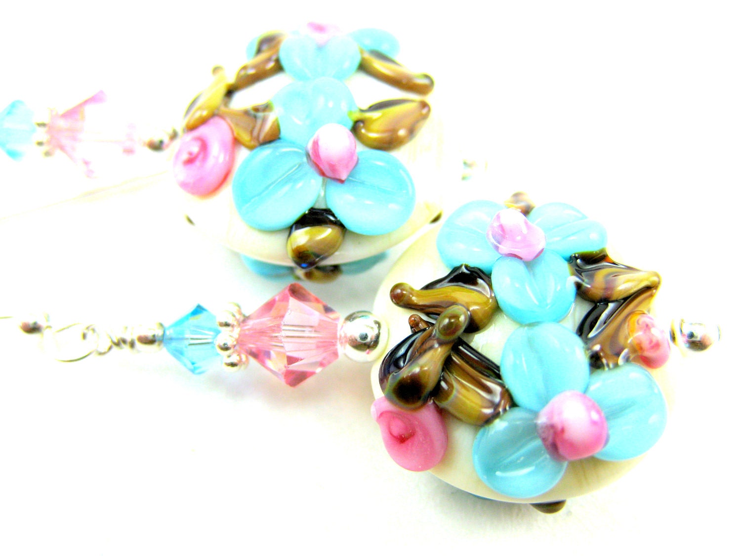 Aqua Blue Floral Lampwork Earrings, Blue Pink Ivory Glass Bead Earrings, Pastel Earrings, Turquoise Blue Beadwork Earrings - Summer Garden