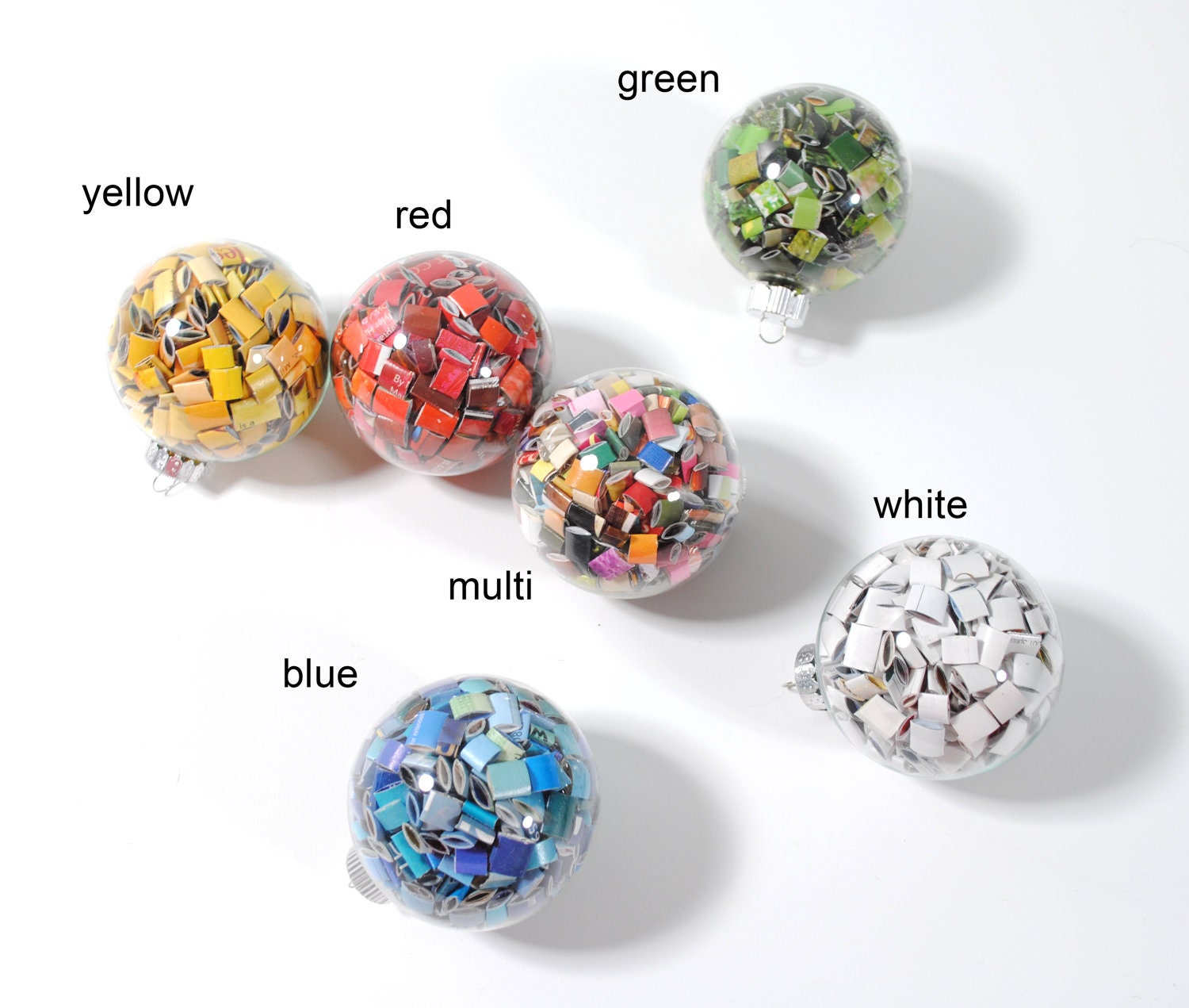 large colorful glass ornaments- made from recycled magazines, red, blue, green, yellow, orange, multi-colored, white