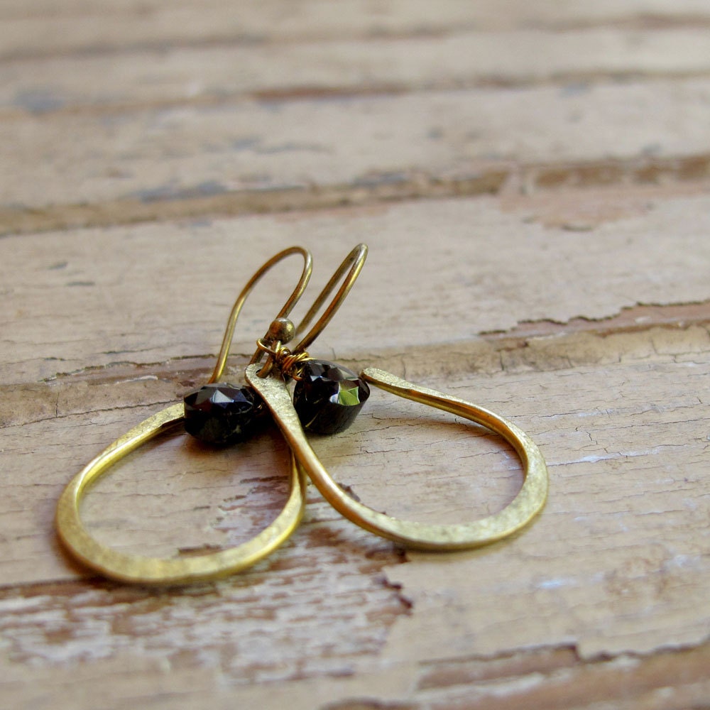 Seed Petal - Brass Stone Earrings - Black Spinel Earrings - Artisan Tangleweeds Jewelry