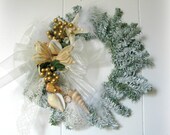 Christmas Hawaiian Beach Shell Wreath - White Pine Wreath Ocean Starfish Sea Shells Gold Berries Ivory Decor Shabby Chic - 10 inch Diameter